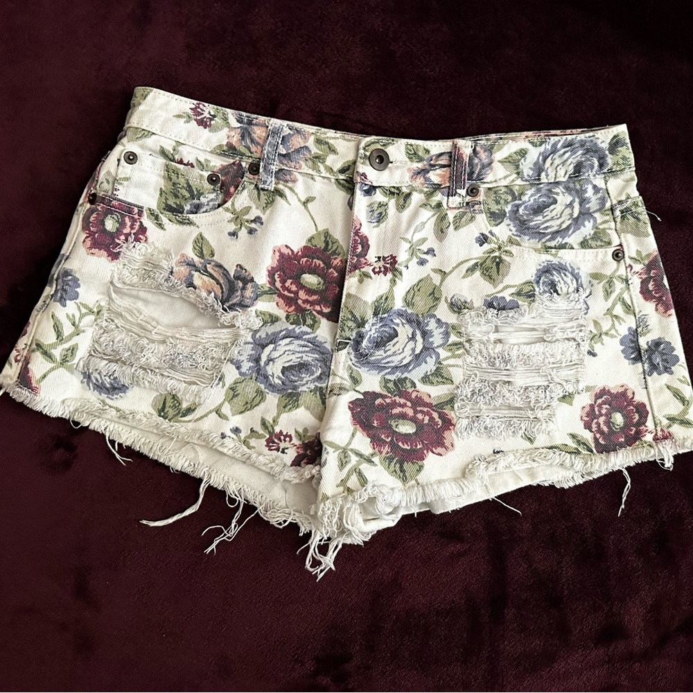 Forever 21 Floral Print White Denim Shorts
